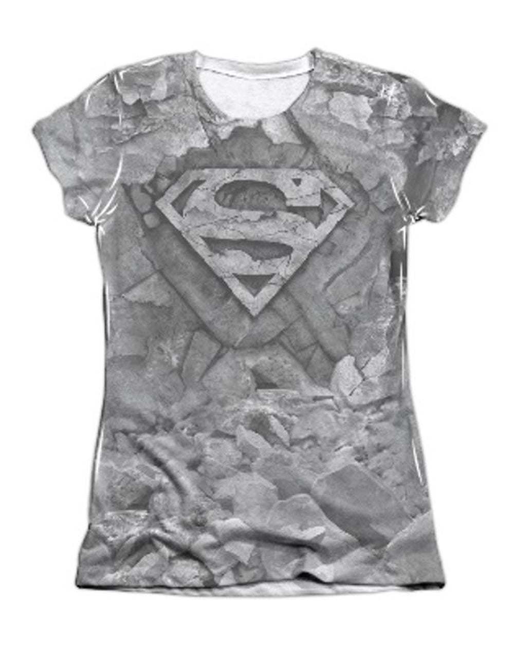 Superman rock and rumble graphic on a white women's t-shirt.