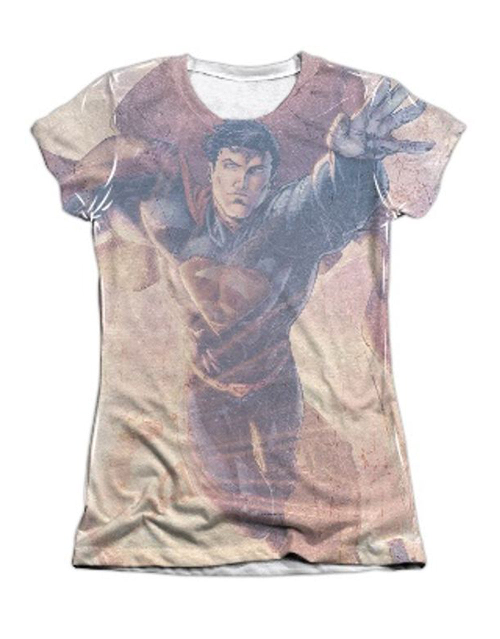 Superman soar above graphic on a white women's t-shirt.
