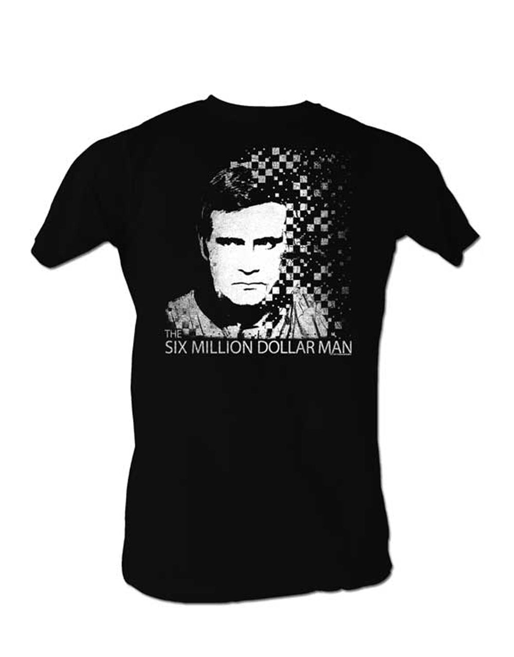 The Six Million Dollar Man pixels graphic on a black adult t-shirt.