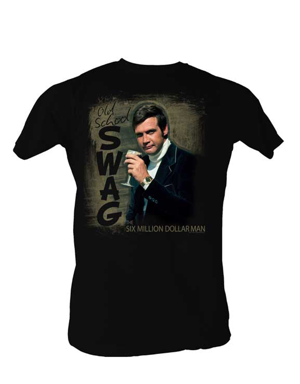 The Six Million Dollar Man Steve Austin swag graphic on a black adult t-shirt.