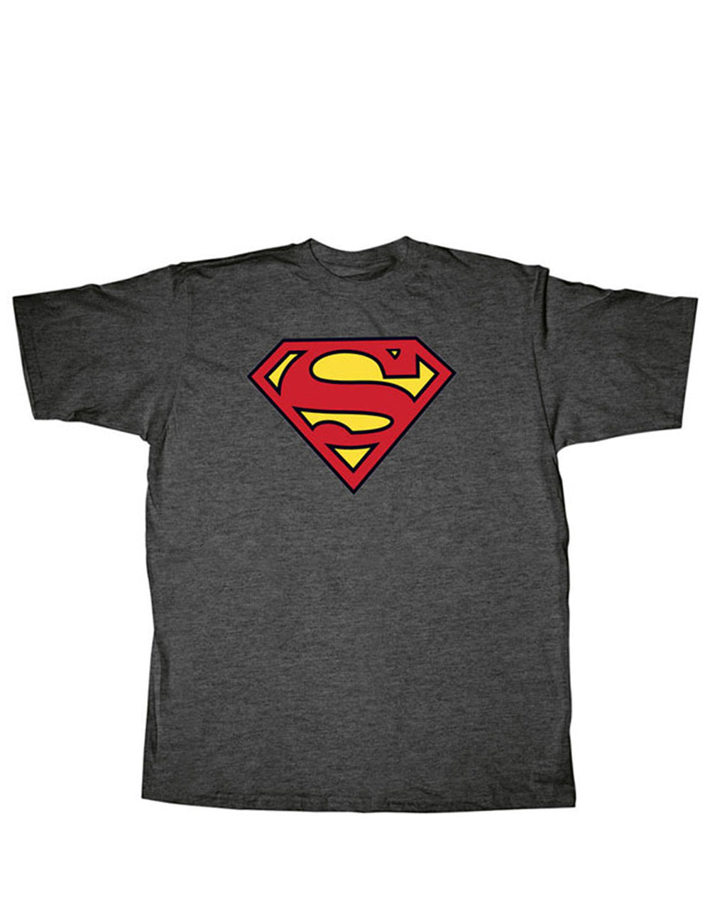 Superman classic logo graphic on a dark grey adult t-shirt.