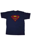 Superman vintage logo graphic on a navy blue adult t-shirt.