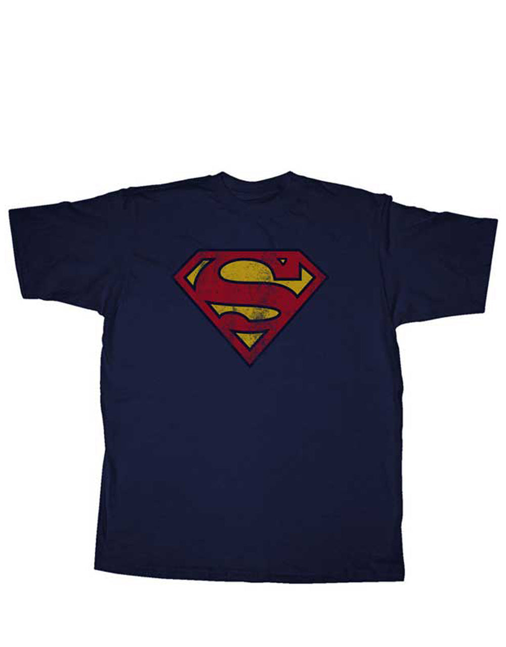 Superman vintage logo graphic on a navy blue adult t-shirt.