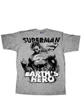 Superman earth hero graphic on a grey adult t-shirt.