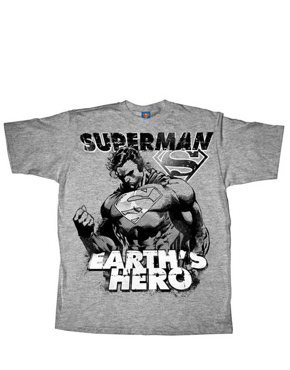 Superman earth hero graphic on a grey adult t-shirt.