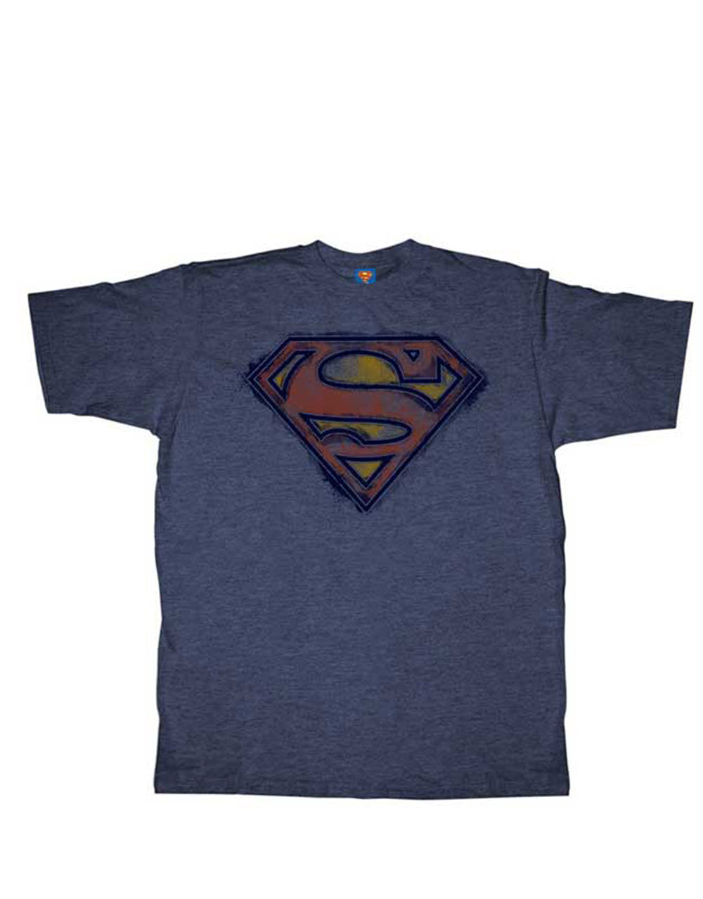 Superman shield smudge graphic on a blue adult t-shirt.