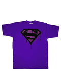 Superman logo splatter graphic on a purple adult t-shirt.