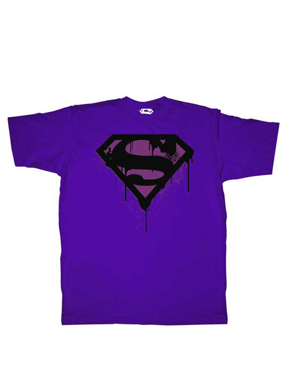 Superman logo splatter graphic on a purple adult t-shirt.