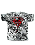 Superman comics shield graphic on a white adult t-shirt.