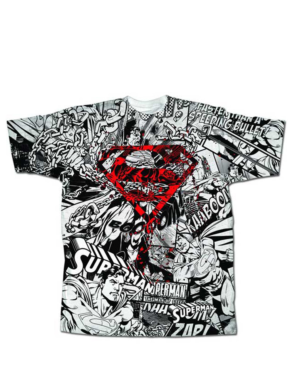 Superman comics shield graphic on a white adult t-shirt.