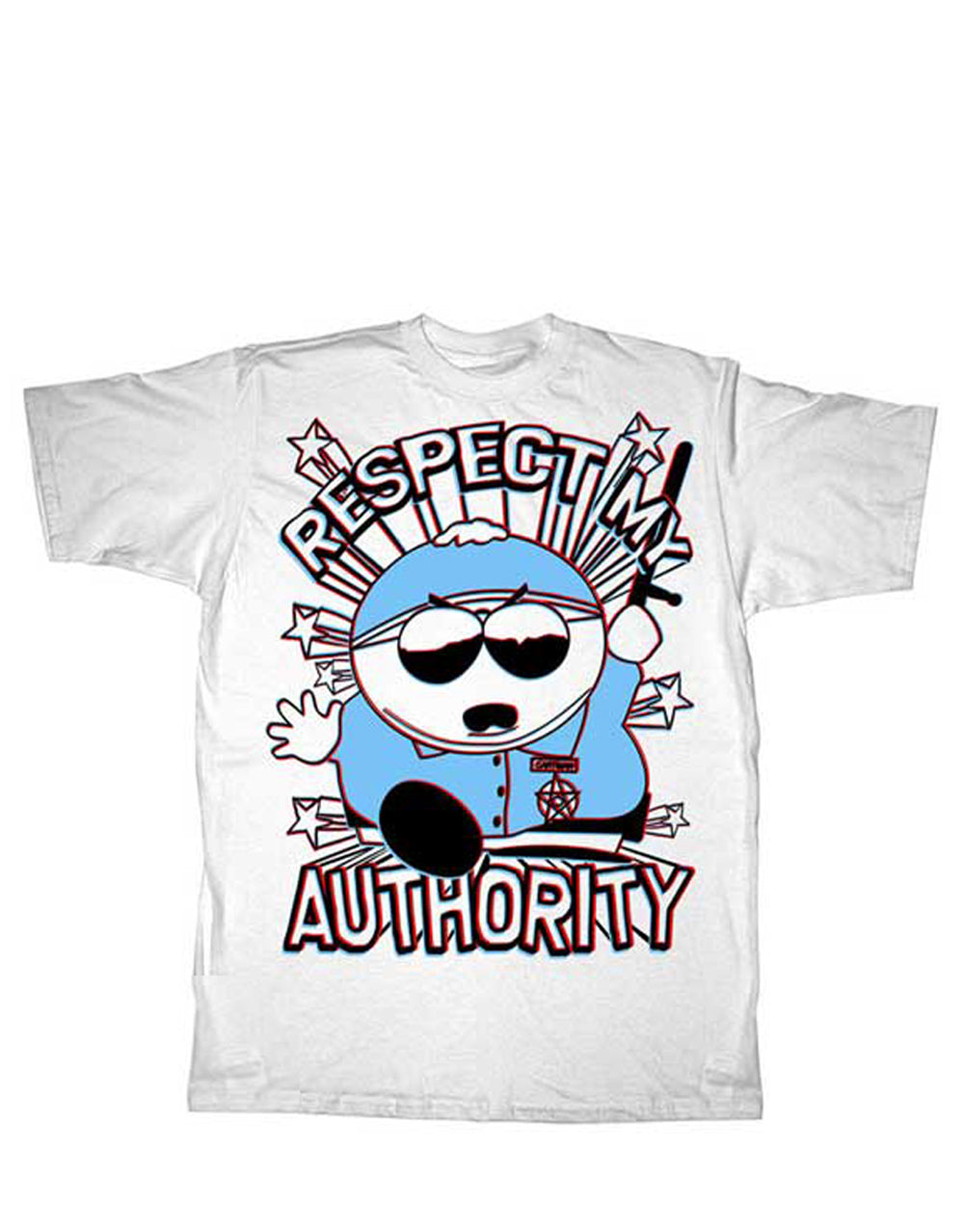 South Park respect 3D graphic on a white adult t-shirt.