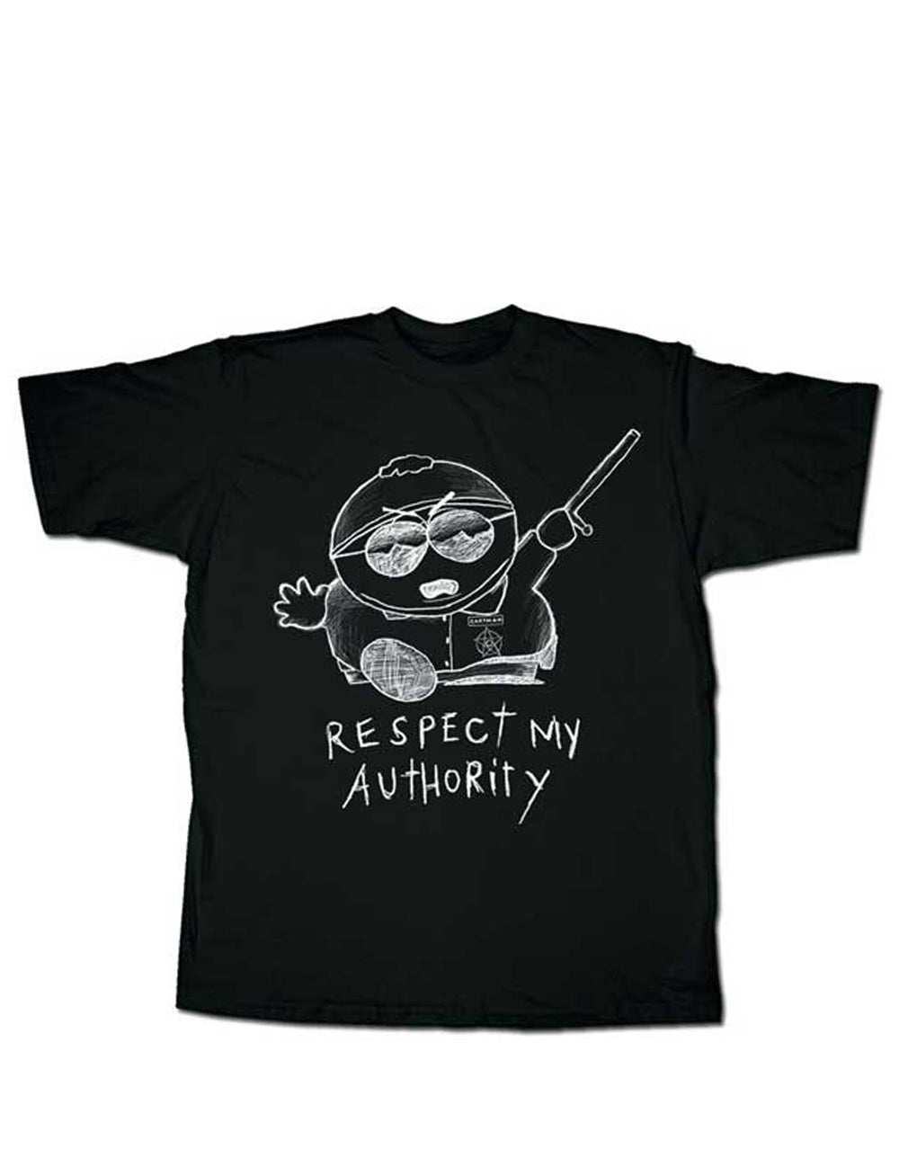 South Park respect graphic on a black adult t-shirt.