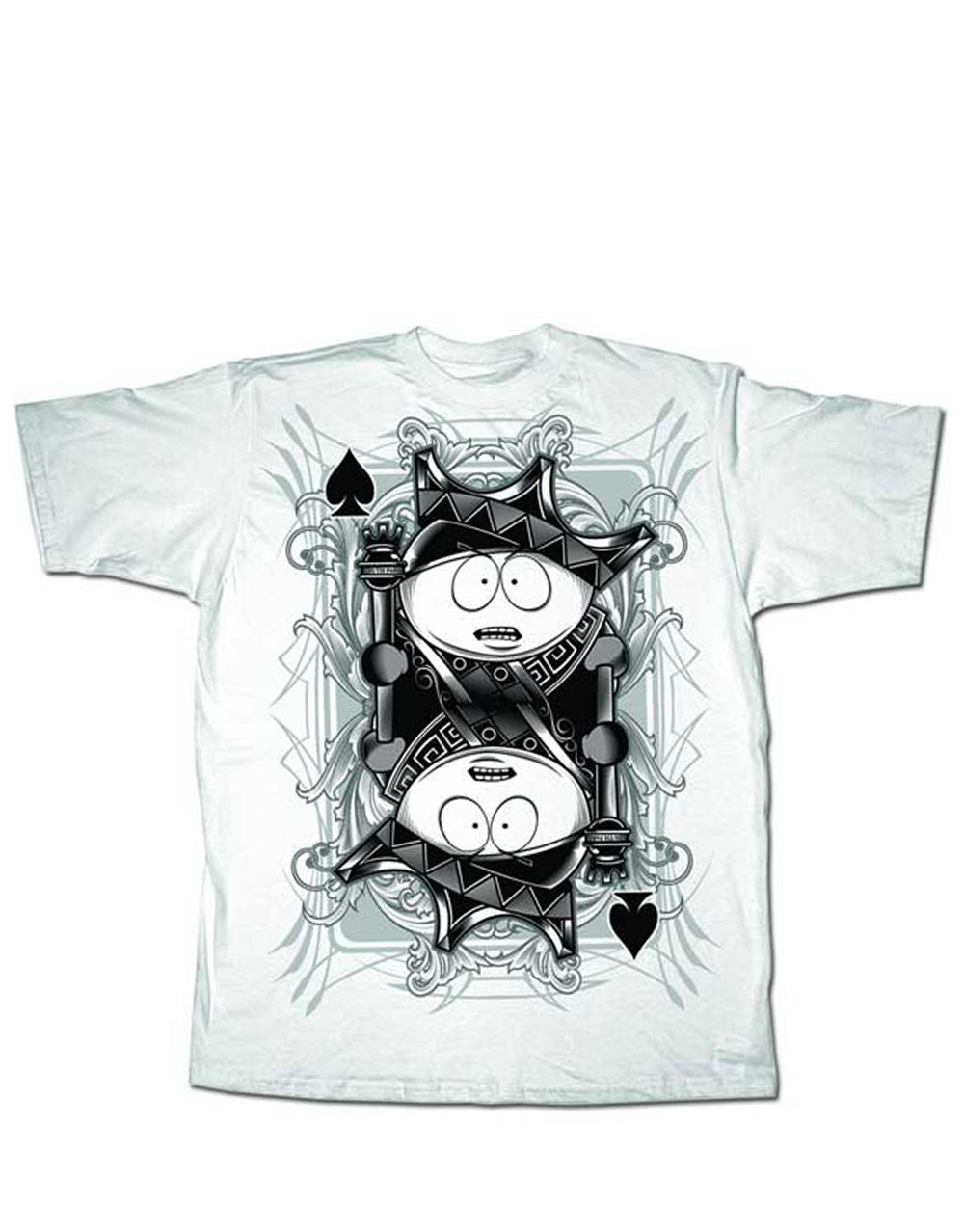 South Park king Cartman graphic on a white adult t-shirt.
