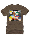 Bus ride graphic on a heathered brown adult t-shirt.