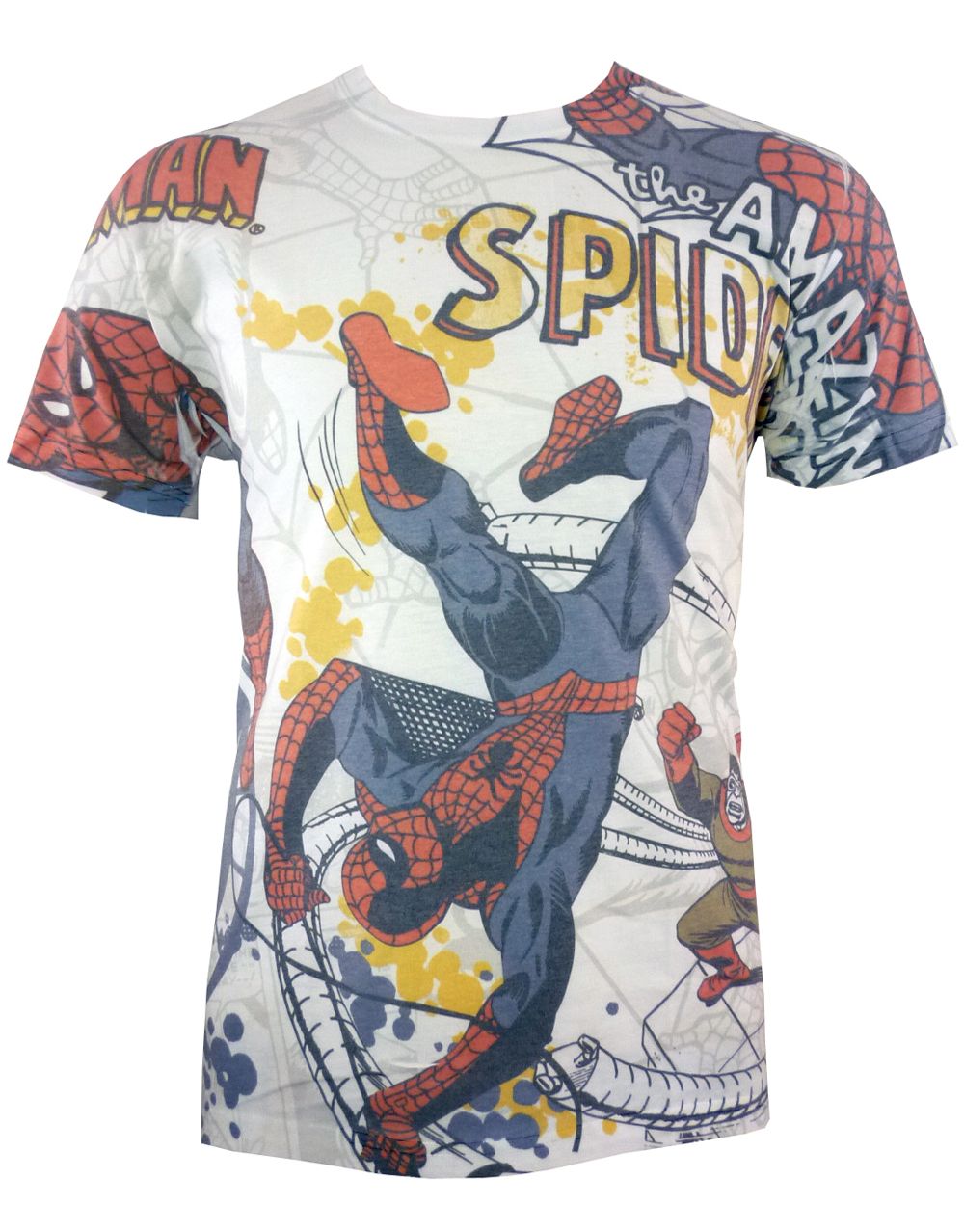 Spider-Man vs Doc Ock graphic on a white adult t-shirt.