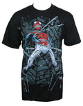 Spider-Man tied up graphic on a black adult t-shirt.