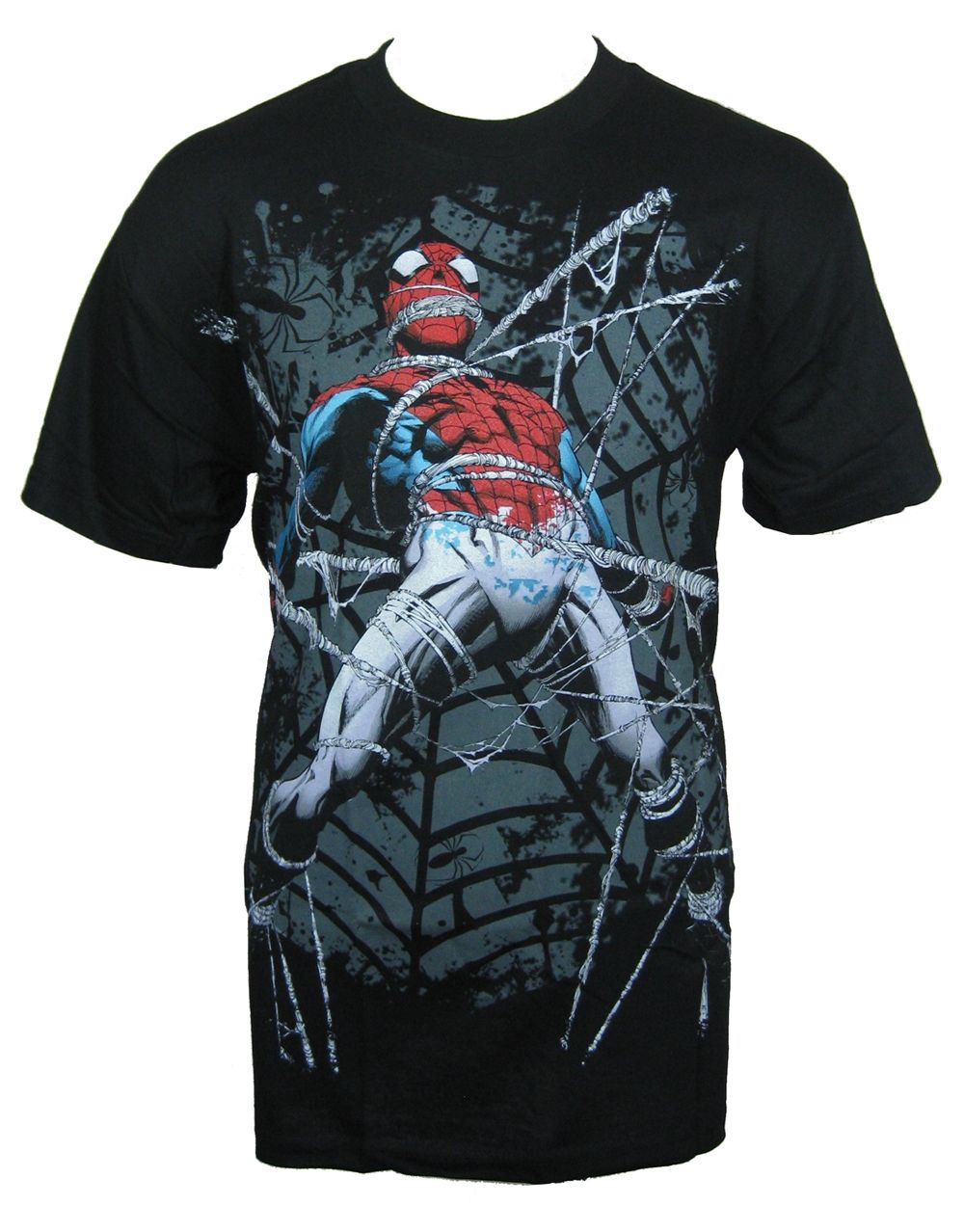 Spider-Man tied up graphic on a black adult t-shirt.