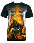 Spider-Man tombstone graphic on a black adult t-shirt.