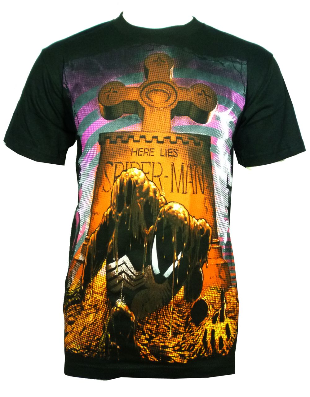 Spider-Man tombstone graphic on a black adult t-shirt.
