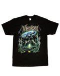 Venom comic cover foil graphic on a black adult t-shirt.