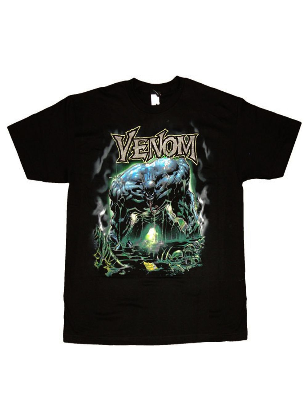 Venom comic cover foil graphic on a black adult t-shirt.