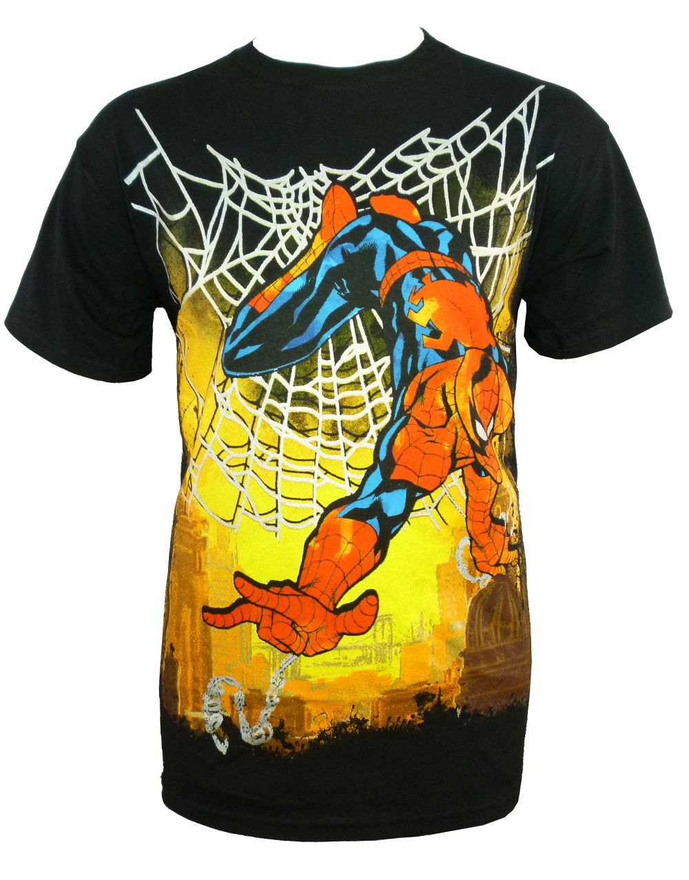 Spider-Man spy hunted graphic on a black adult t-shirt.