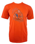 Spider-Man friendly neighborhood graphic on a red adult t-shirt.