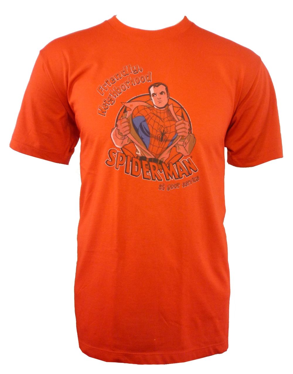 Spider-Man friendly neighborhood graphic on a red adult t-shirt.