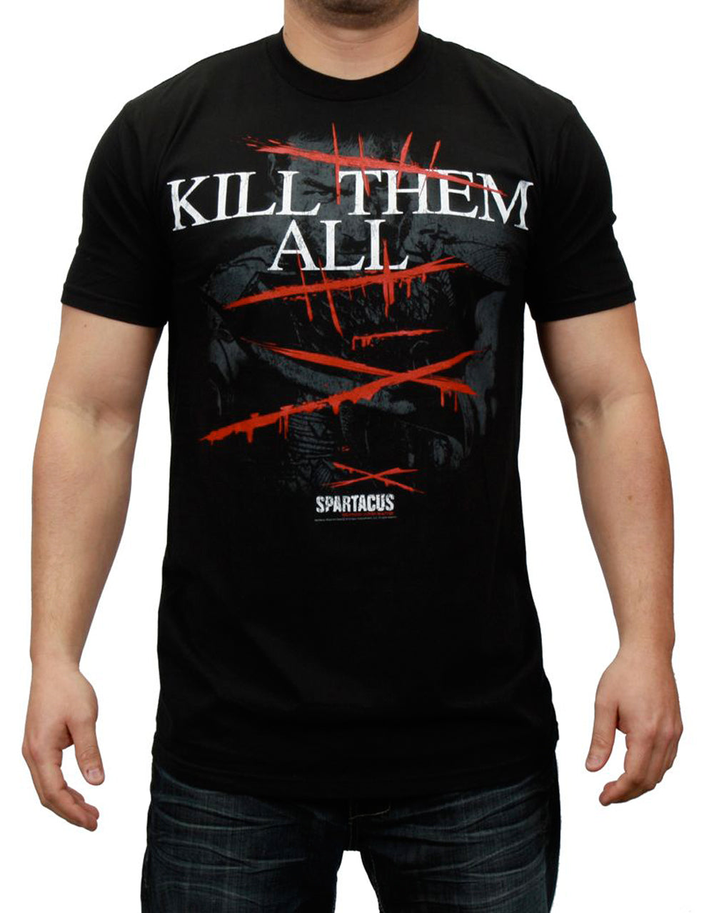 Spartacus kill them all slices 3D graphic on a black adult t-shirt.