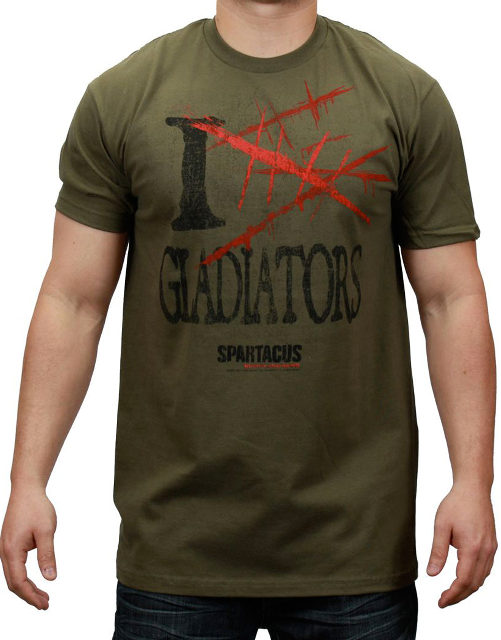 Spartacus I gladiator 3D graphic on a green adult t-shirt.