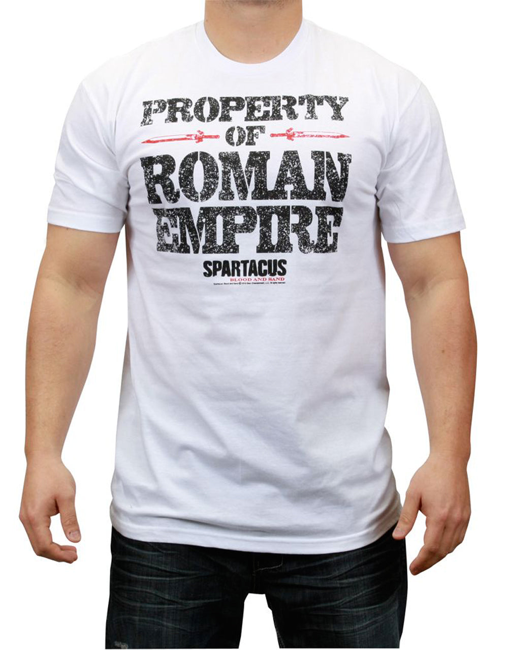 Spartacus Roman property graphic on a white adult t-shirt.