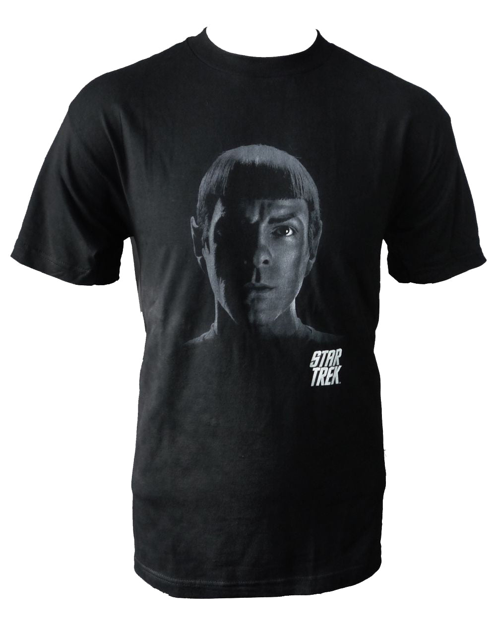 Star Trek Spock shadows graphic on a black adult t-shirt.