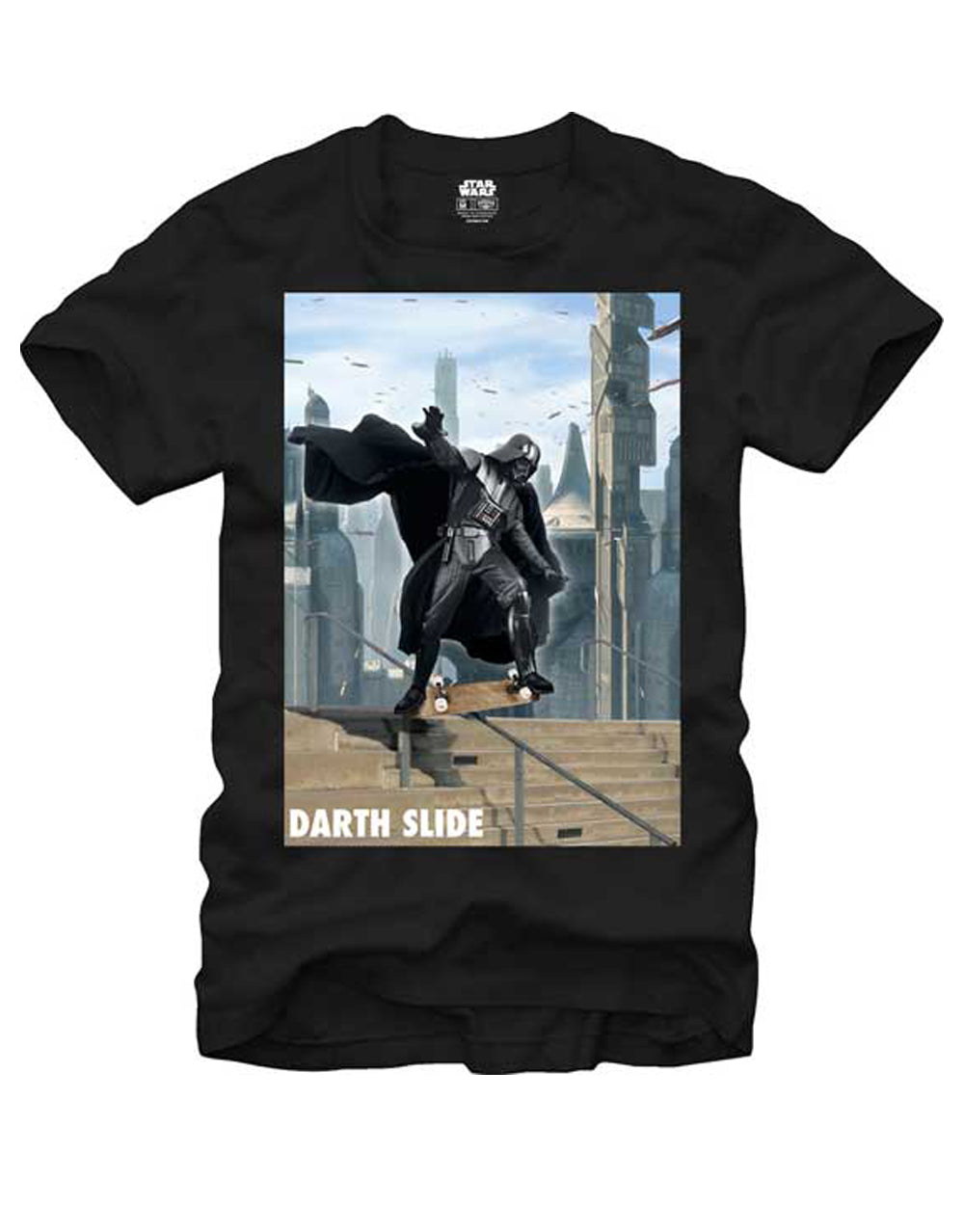 Darth Vader grinding graphic on a black adult t-shirt.