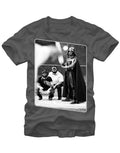 Vader strikes back graphic on a grey adult t-shirt.