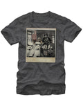 Wookiee photo bomb graphic on a heathered grey adult t-shirt.
