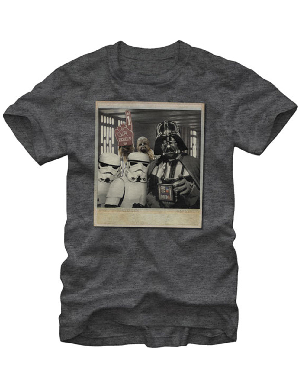 Wookiee photo bomb graphic on a heathered grey adult t-shirt.