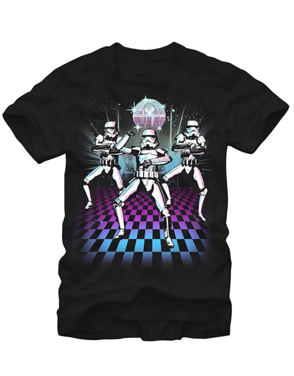 Trooper disco days graphic on a black adult t-shirt.