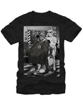 Barber shop graphic on a black adult t-shirt.