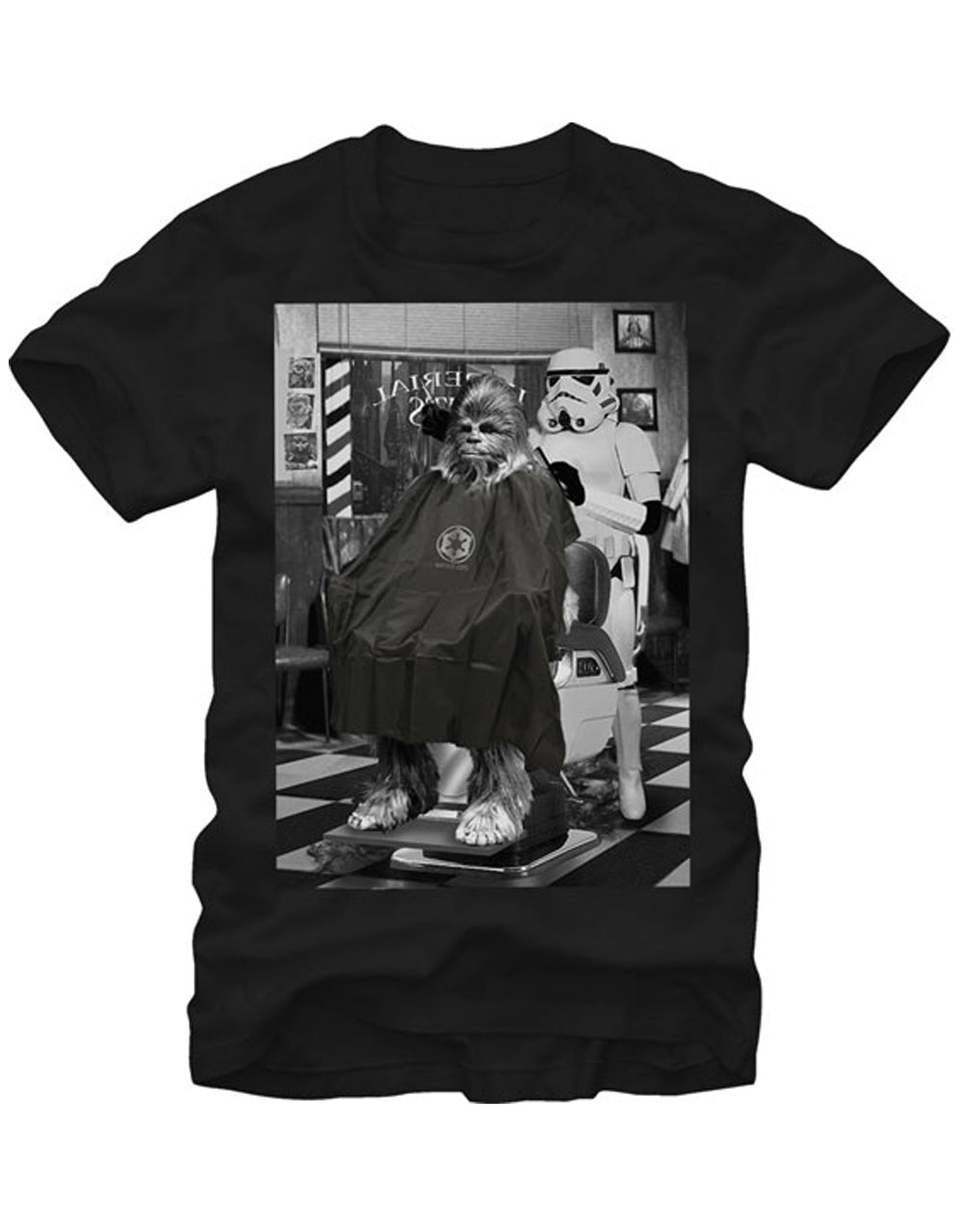 Barber shop graphic on a black adult t-shirt.
