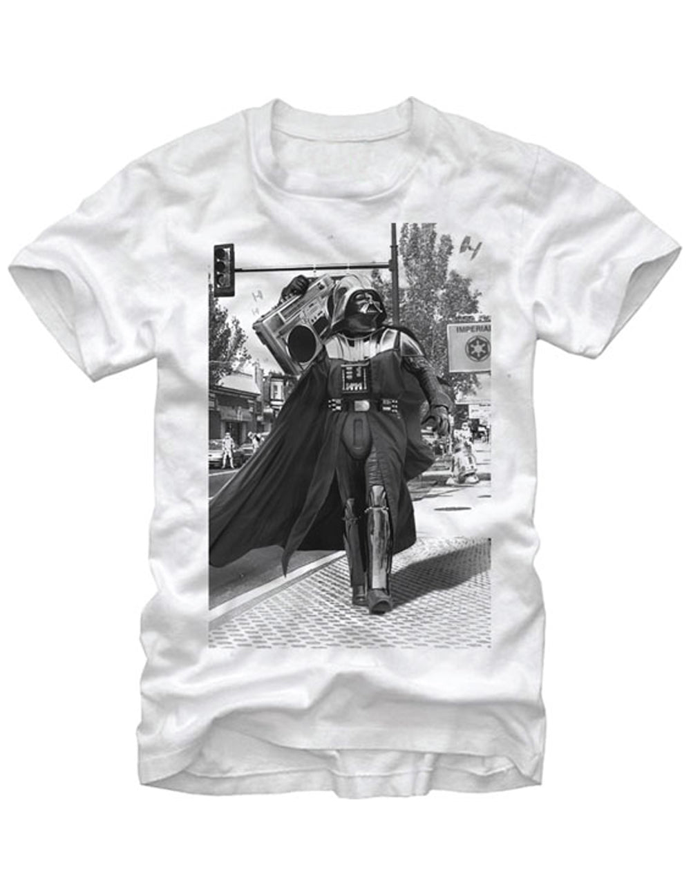 Darth Vader boomer graphic on a white adult t-shirt.