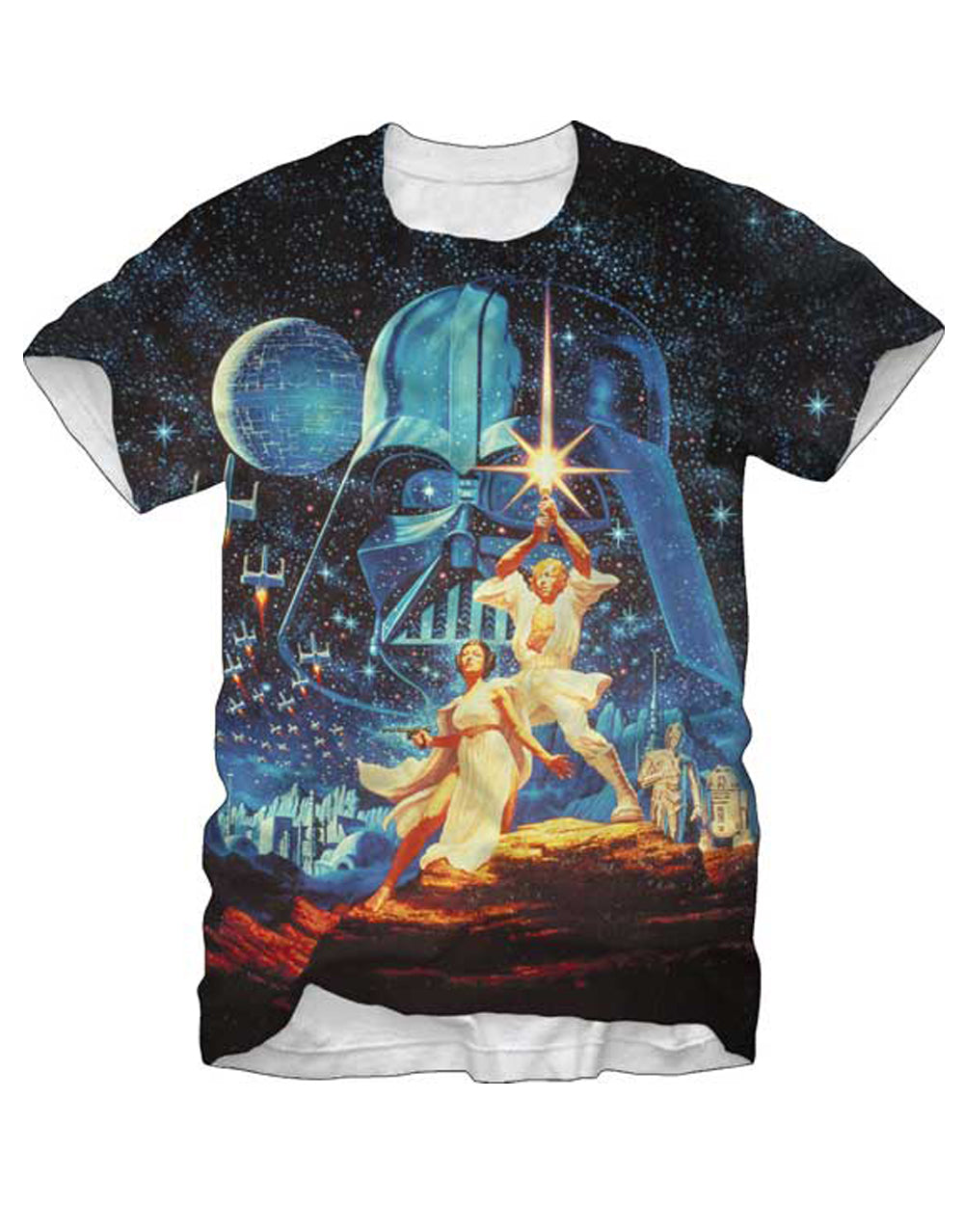 Heroes and villains graphic on a white adult t-shirt.