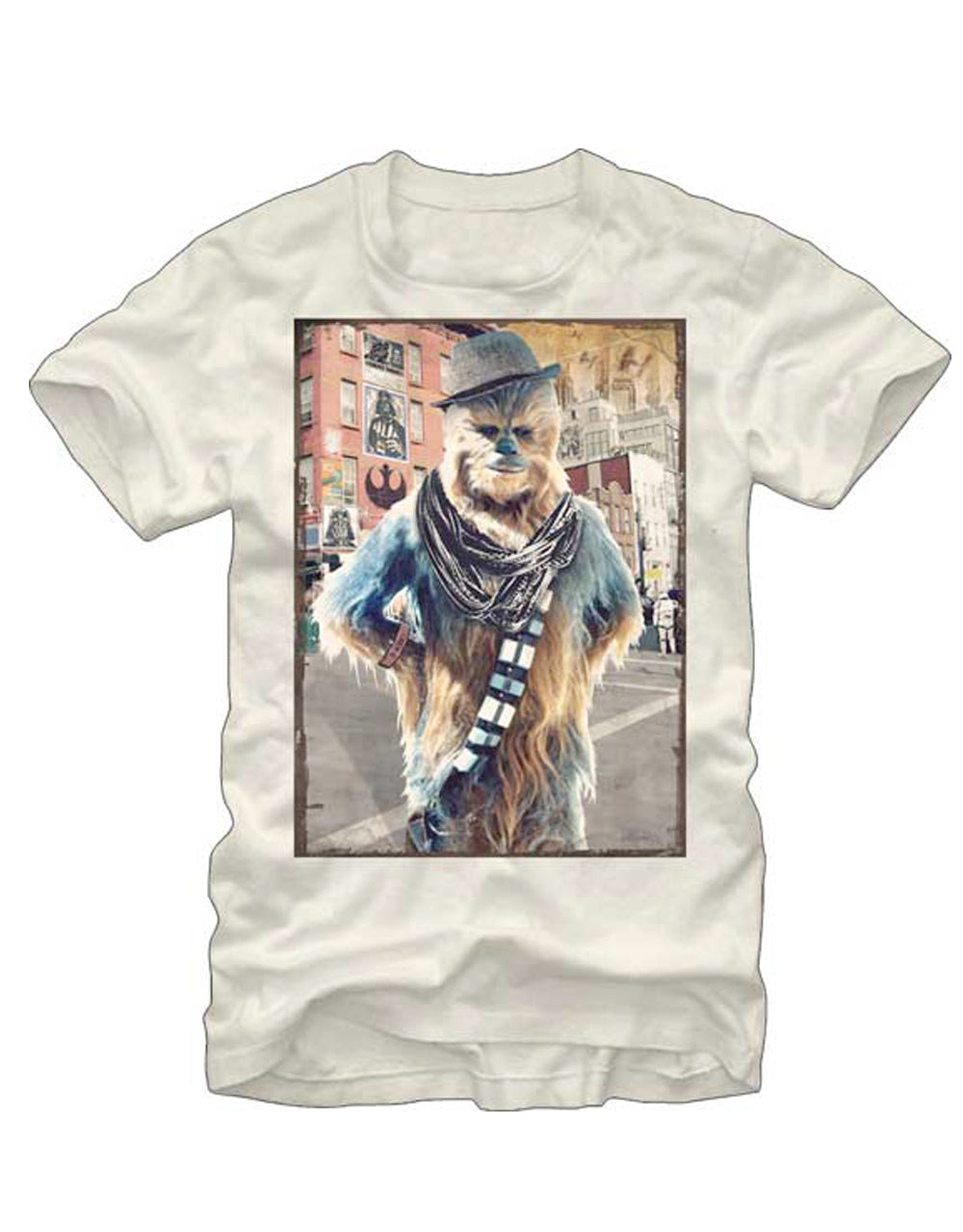 Chewbacca hipster graphic on a cream adult t-shirt.