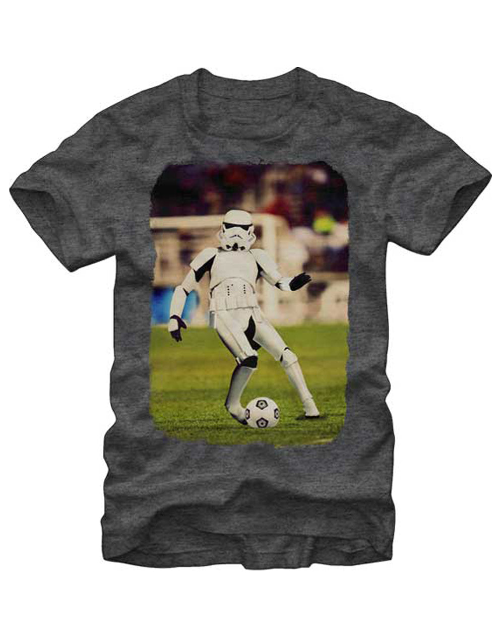 Stormtrooper football graphic on a heathered charcoal grey adult t-shirt.