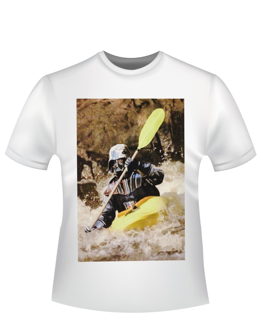 Darth Vader kayak graphic on a white adult t-shirt.