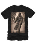 Chewbacca cruising graphic on a black adult t-shirt.