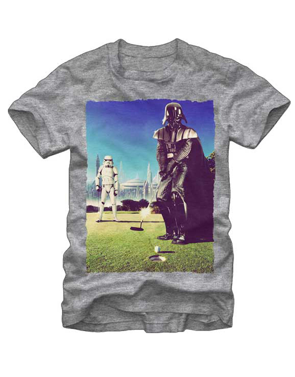 Darth Vader golf athletic graphic on a heathered grey adult t-shirt.