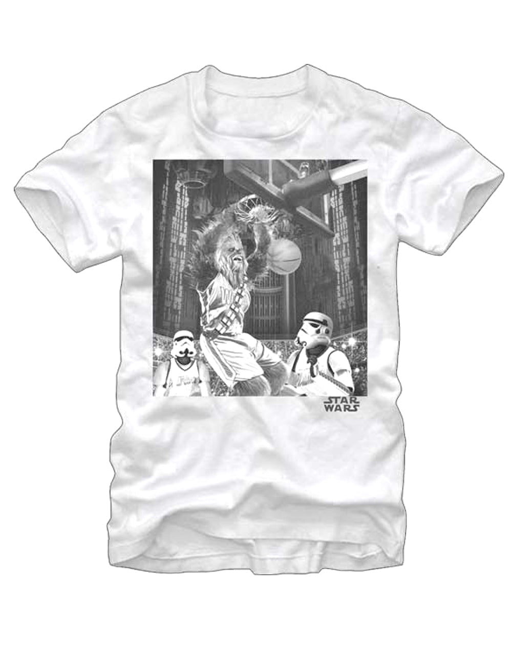 Chewbacca basketball graphic on a white adult t-shirt.