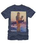 Chewbacca longboard graphic on a heathered navy blue adult t-shirt.