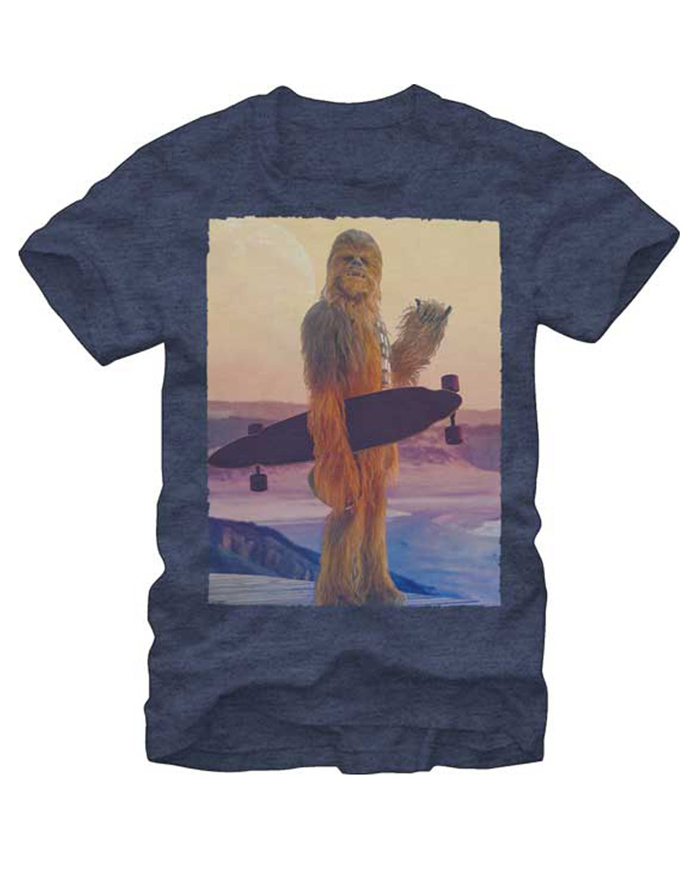 Chewbacca longboard graphic on a heathered navy blue adult t-shirt.