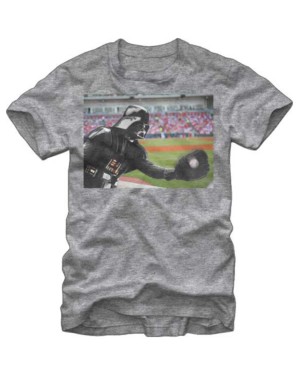 Vader foul ball graphic on a heathered athletic grey adult t-shirt.